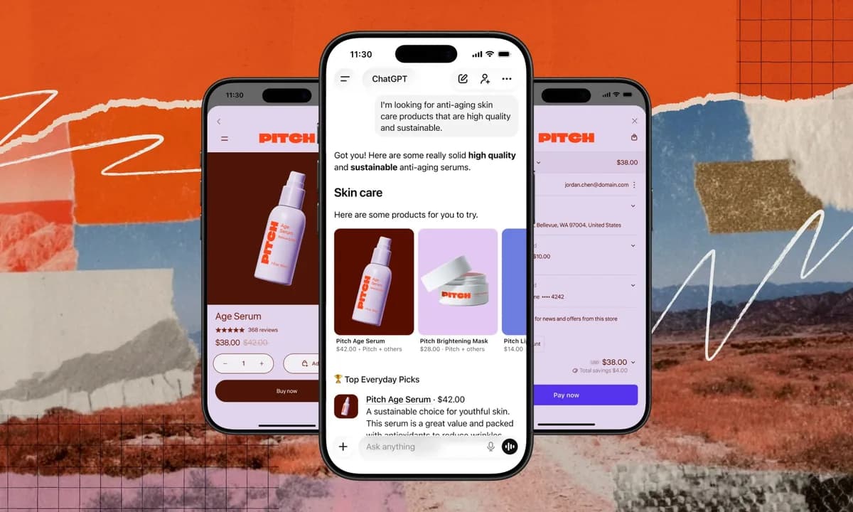 Three iPhone screens showing the Shopify and ChatGPT shopping integration — a product page, ChatGPT recommending skincare products, and a checkout screen with payment details